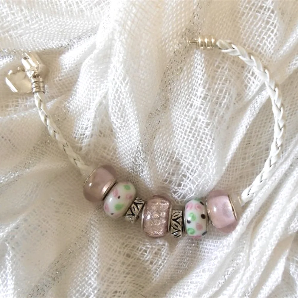 Pink, White & Mint Green Glass Big-hole Beads Braided Leatherette Bracelet - Picture 10 of 13